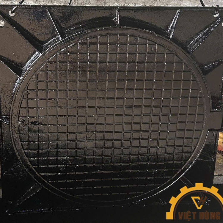 Nắp hố ga khung âm bằng gang cầu KT:1000x1000x80mm, nắp D850mm tải trọng 40 tấn